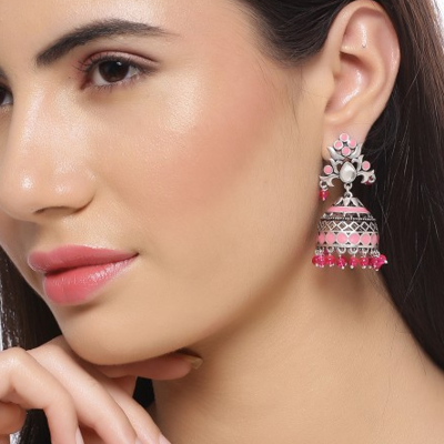 Oxidised Silver-Plated & Pink Dome Shaped Jhumkas
