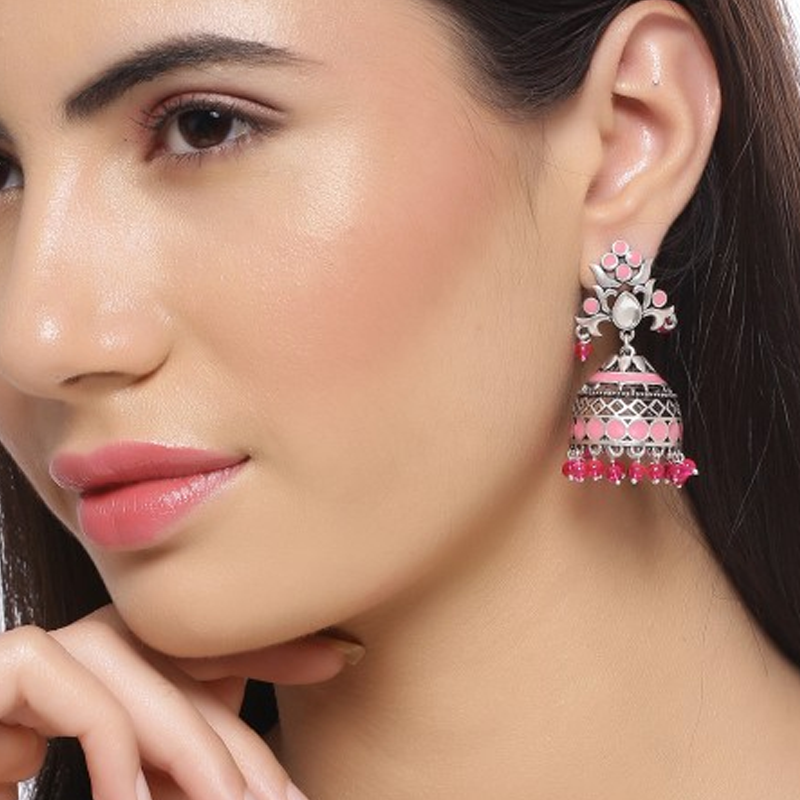 Oxidised Silver-Plated & Pink Dome Shaped Jhumkas